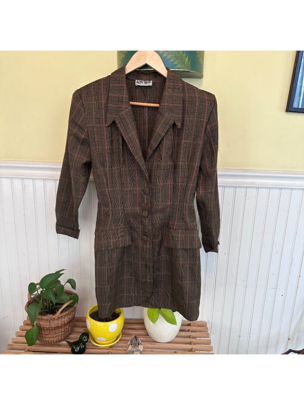 Alyn Paige Womens Plaid Long Blazer Jacket With Button Front Brown & Pink Checke